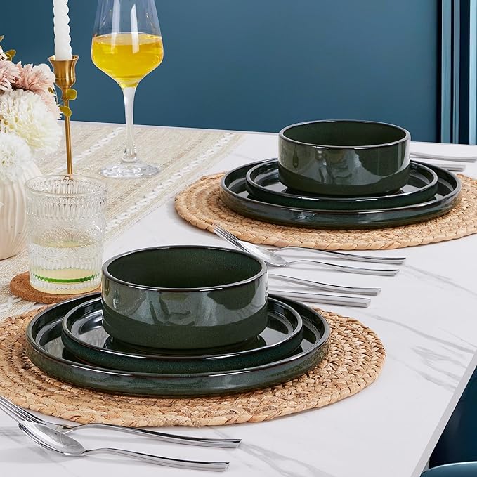 LIANYU Dinnerware Dishes Sets for 8, 24 Piece Stoneware Plates and Bowls Dishware Set, Modern Tableware Includes Ceramic Dinner Salad Plates, Cereal Bowls, Chip & Scratch Resistant, Hunter Green