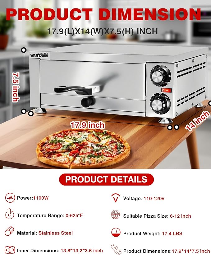 Wantjoin Pizza Oven Indoor - Electric Pizza Ovens Countertop Stainless Steel Commercial Pizza Maker Fits 12" Pizzas, With Timer Crumb Tray, 110W, For Home, Bars, Food Trucks