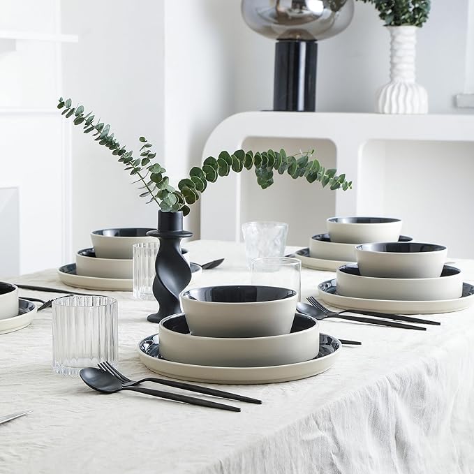 Stone Lain Elica 12-Piece Modern Dinnerware Set Stoneware, Plates and Bowl Sets for 4, Black and Beige