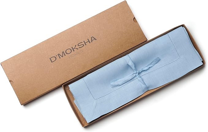 D'Moksha Homes Powder Blue Linen Cloth Placemats Set of 4-100% Pure Linen Hemstitch Placemats 14 x 19 Inch - Classic Hemstitch Table Place Mats for Thanksgiving - Handcrafted and Machine Washable