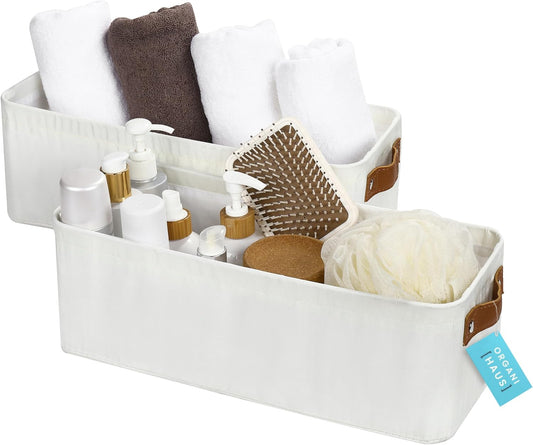 OrganiHaus Narrow Storage Bins 15x06in, Small Closet Bins for Shelves, Bathroom Storage Baskets for Shelves, Narrow Baskets, Fabric Organizer with Handles, Toilet Paper Organizer - 2 Pack, Off-White