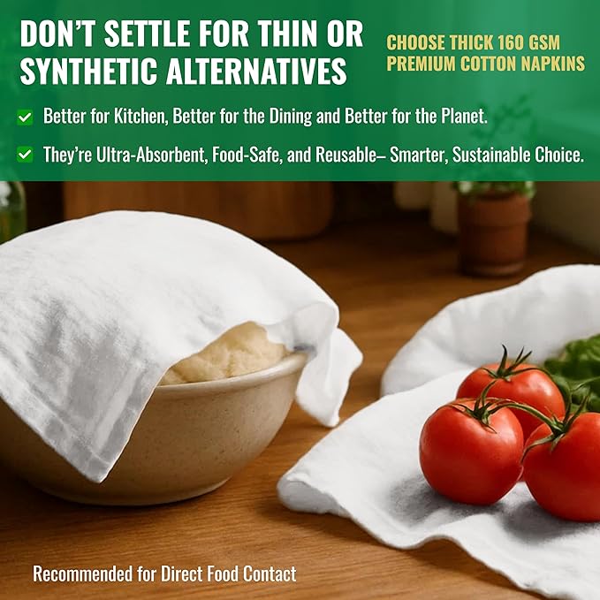 Thick Cotton Napkins – Flour Sack Napkin for Kitchen, Set of 6 (18"x18"), 100% Cotton, Highly Absorbent Hand Towels, Reusable Baking Cloths for Bread Proofing, Pastry & Tea Towels – White