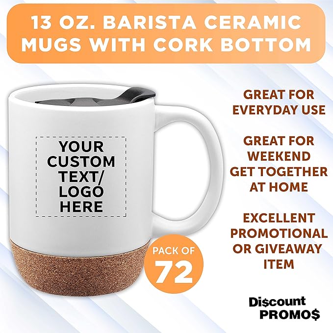 Custom Barista Ceramic Mugs with Cork Bottom 13 oz. Set of 72, Personalized Bulk Pack - Perfect for Coffee, Tea, Espresso, Hot Cocoa, Other Beverages - White