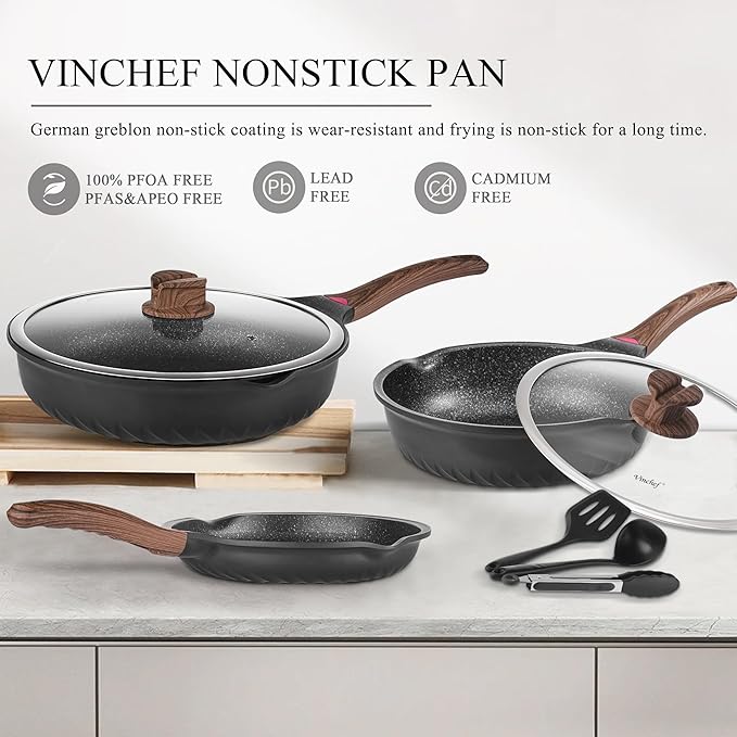 Vinchef Pots and Pans Set, 12pcs Nonstick Induction Kitchen Cookware Sets with Stay-Cool Handles, Frying Pans and Saute Pan with Lid, Silicone Cooking Utensil Sets and Pot Protectors, PFAS, PFOA Free
