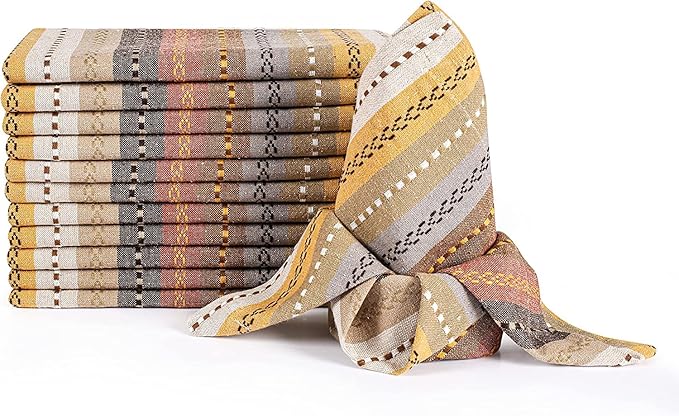 Multi Color Salsa Stripes Cotton Cloth Napkin Set of 12 - Durable Reusable Machine Washable for Dinner Table Décor, Wedding, Party, Bar, Cocktail, Everyday Use 18x18 Inch - Beige Multi