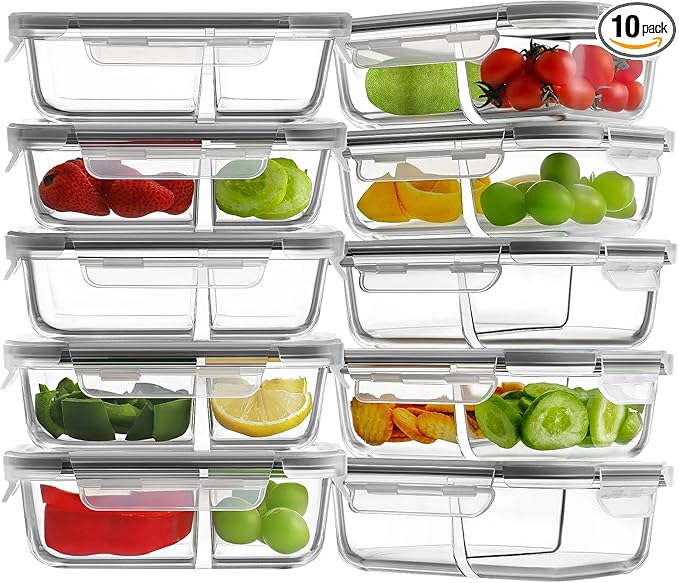 HOMBERKING 10 Pack 24oz Glass Meal Prep Containers 2 Compartment, Glass Food Storage Containers with Lids, Airtight Lunch Bento Boxes, BPA-Free & Leak Proof (10 lids & 10 Container) - Grey