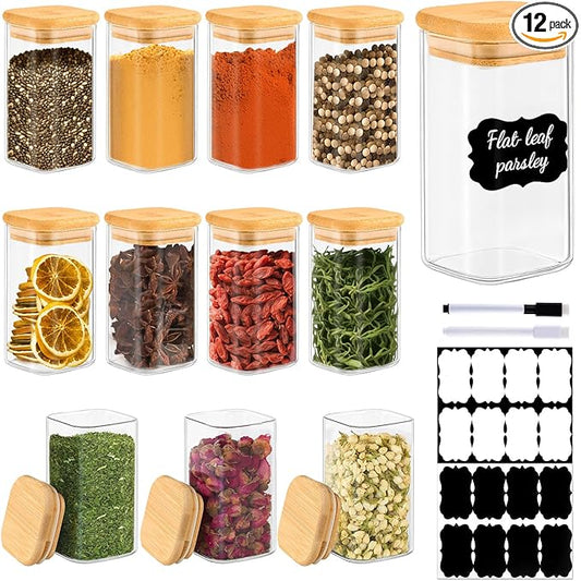12 Pack 8 oz Square Glass Spice Jars with Lids and Labels – Airtight Small Spice Containers Set, Clear Glass Storage Jars for Seasoning, Spices, Kitchen Pantry Organization
