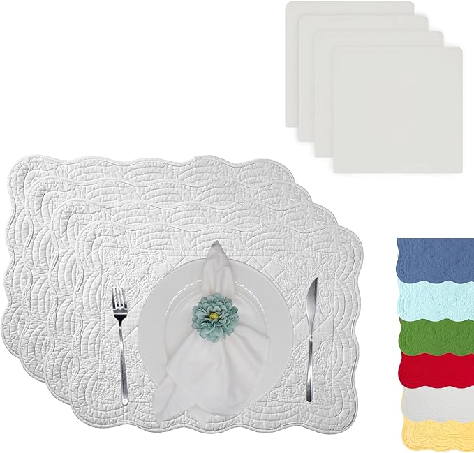 Quilted Placemats Set of 4 with Matching Cotton Napkins – 4 Piece Table Mats & 4 Cloth Napkins – 100% Cotton Table Linen Set for Everyday & Holiday Dining (4, Off White)