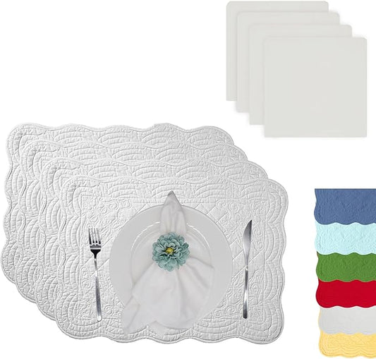 Quilted Placemats Set of 4 with Matching Cotton Napkins – 4 Piece Table Mats & 4 Cloth Napkins – 100% Cotton Table Linen Set for Everyday & Holiday Dining (4, Off White)