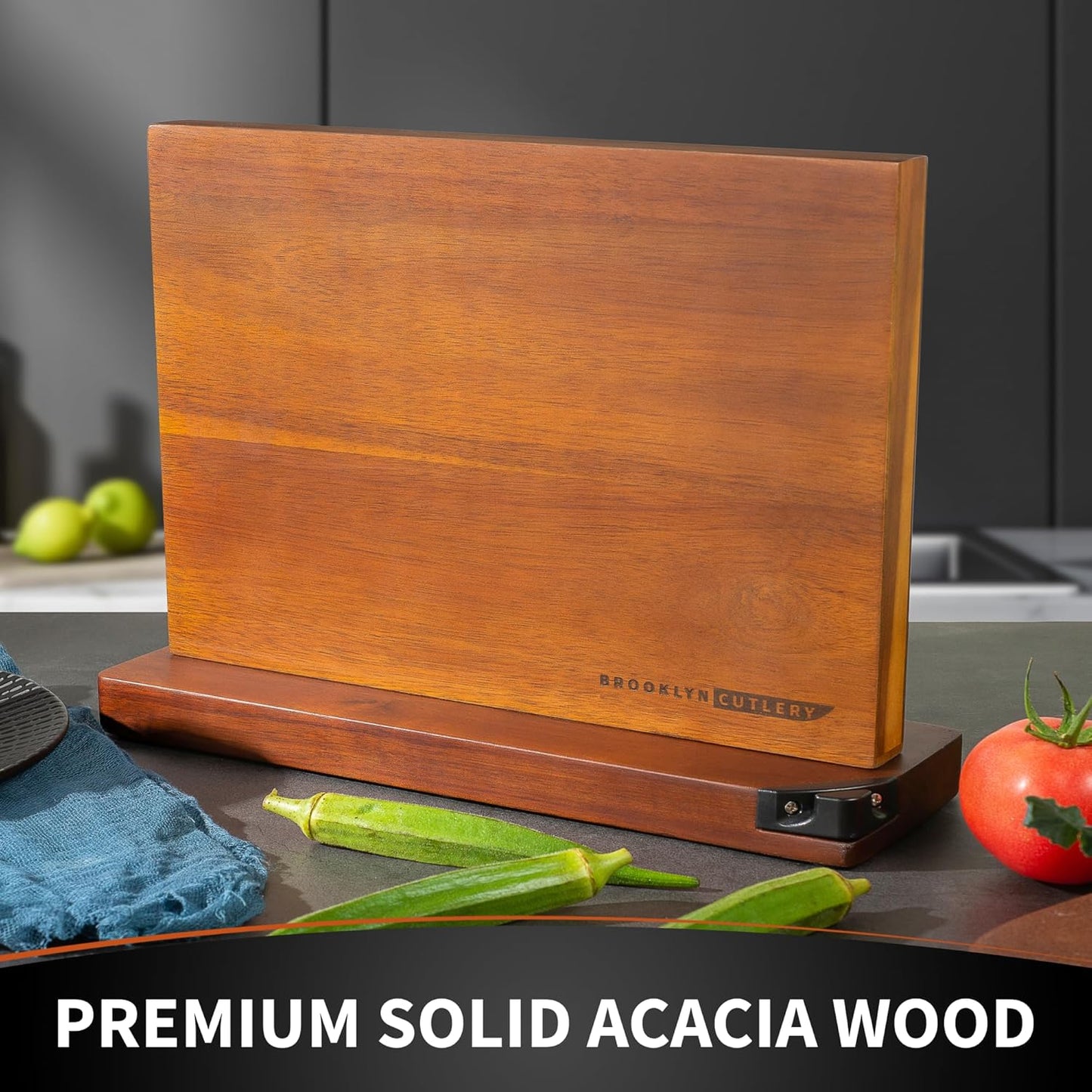 Magnetic Knife Block, Acacia Wood Magnetic Knife Holder for Kitchen Counter Universal Knife Block Without Knives (12 x 10 With Sharpener)
