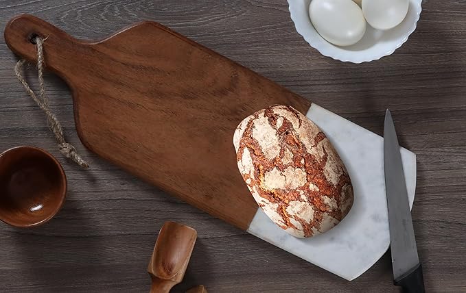 Marble & Acacia Wood Cutting Board – 16.25x5.5" White Charcuterie, Cheese & Serving Tray for Bread, Steak, Fruit – Elegant Solid Chopping Board for Kitchen & Parties