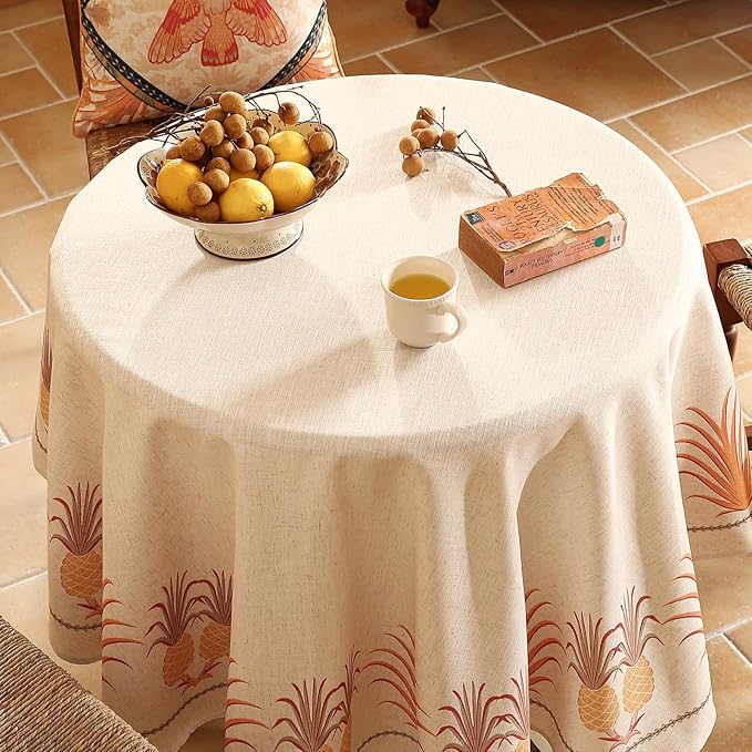 patdrea Designer Orange Tablecloth for Round Tables,Pineapple Tree Pattern Linen Tablecloth,Tropical Style Fruit Table Cover Cloth Decor for Kitchen Dining Christmas,Diameter 55"