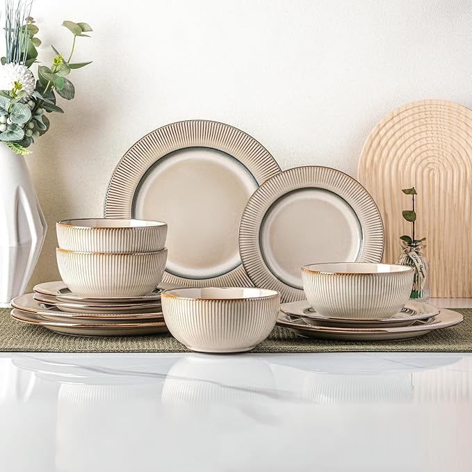GBHOME Ceramic Dinnerware Sets, 18 Piece Embossed Elegant Stoneware Plates and Bowls Sets, Housewarming Wedding Gift | Dishwasher & Microwave Safe | Dishes Set Service for 6