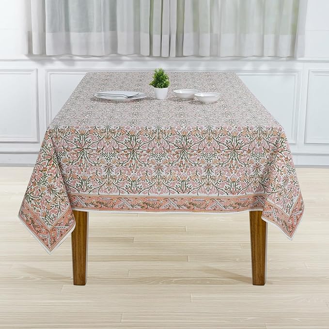 Ridhi Sassy Salmon Pink Hand Block Print Cotton Rectangle Tablecloth 120 x 60 inch-Reusable Table Cover Decorative Everyday Use for Dining Room, Farmhouse, Thanksgiving, Christmas Wedding, Fall