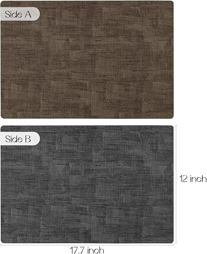 Romanstile Reversible Vinyl Placemats Set of 6, Faux Leather 100% Waterproof Oil-Proof Wipeable Place Mats, Heat Resistant Dual Sided Table Mats for Kitchen/Dining/Party (Grey Brown, 12 x 17 Inch)