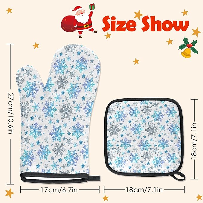 Oven Mitts Pot Holders Set 3 for Kitchen, Christmas Snowflakes Insulation Oven Gloves Heat Resistant Pot Pads Cook Essentials Accessories for BBQ Baking Cooking Kitchen Decor Gifts for Women