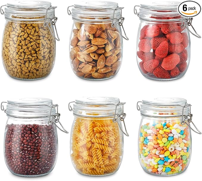 25oz Airtight Glass Jars with Lids, Set of 6 Food Storage Containers & Canisters, Clear Mason Jars with Clamp Seal for Canning, Cereal, Coffee, Pasta, Sugar, Beans & Spices
