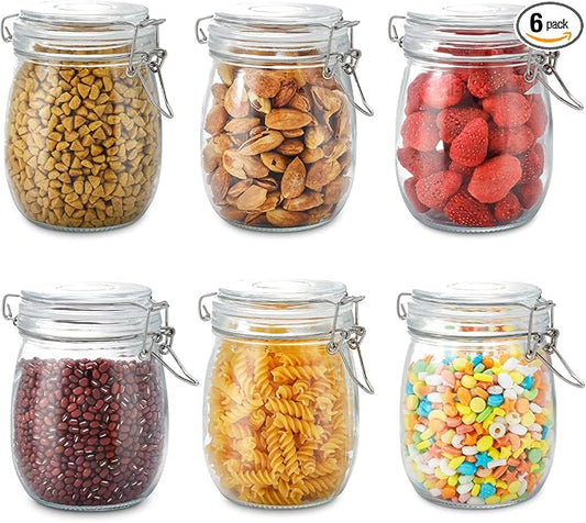 25oz Airtight Glass Jars with Lids, Set of 6 Food Storage Containers & Canisters, Clear Mason Jars with Clamp Seal for Canning, Cereal, Coffee, Pasta, Sugar, Beans & Spices