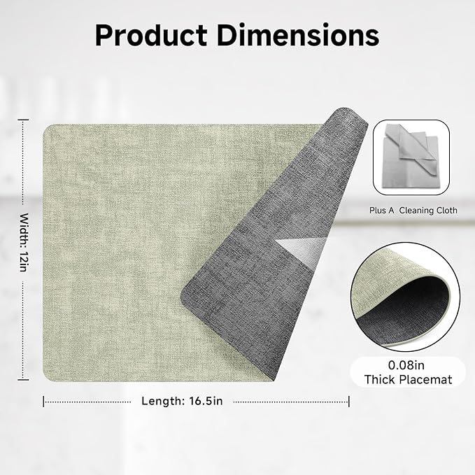 Faux Leather Vinyl Placemats Set of 4 Wipeable Heat Resistant Place Mats 100% Washable - Waterproof - Anti Slip Reversible Table Mats for Kitchen/Dining/Party, 12" x 16.5", Grass Green & Black