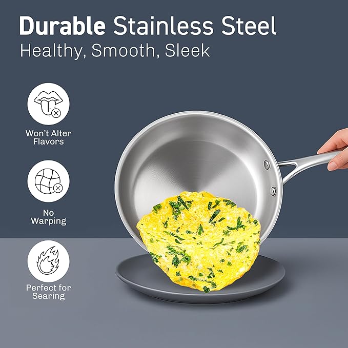 Gotham Steel 10 Pcs Stainless Steel Cookware Set, Pots and Pans Set Non Stick with Induction Cookware, Made Without PTFE PFOA PFOS, Metal Utensil Safe, Oven and Dishwasher Safe