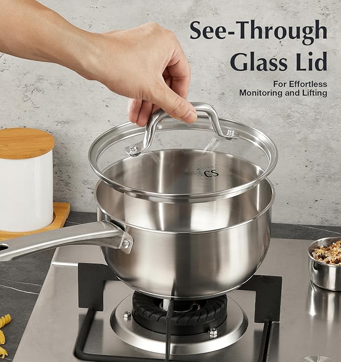 KOCH SYSTEME CS Stainless Steel Saucepan Set, 1 Quart & 2 Quart Sauce Pan Sets with Lid, Premium Sauce Pan Sets, Induction Saucepans, Stainless Steel Pot Set, Steel Sauce Pots, Oven Safe