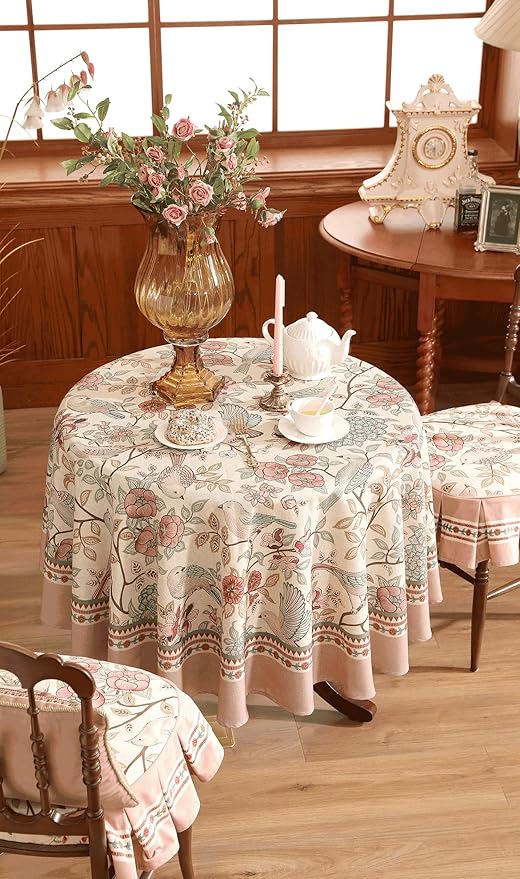patdrea Designer Vintage Round Tablecloth,Pink Linen Table Cloth with Birds Pattern,Colorful Decoration French Table Cover for Kitchen Dining,Party,Thanksgiving,Christmas,Diameter 67"-Kulom a