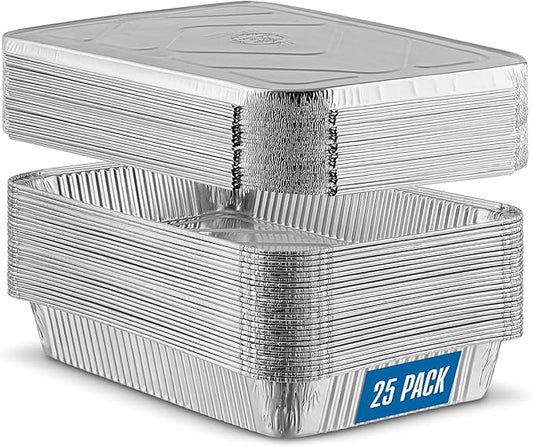 PLASTICPRO 25 Pack Aluminum Pans 12.5'' x 9" Disposable Pans with Covers Heavy Duty 4 lb Foil Pans for Baking and Cooking