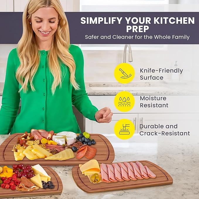 Organic Wooden Cutting Boards for Kitchen with Lifetime Replacements - 3pc Set Non Toxic Bamboo Chopping Board for Charcuterie, Meat, Vegetables and Fruits - Ideal Kitchen Gifts for Home Chefs