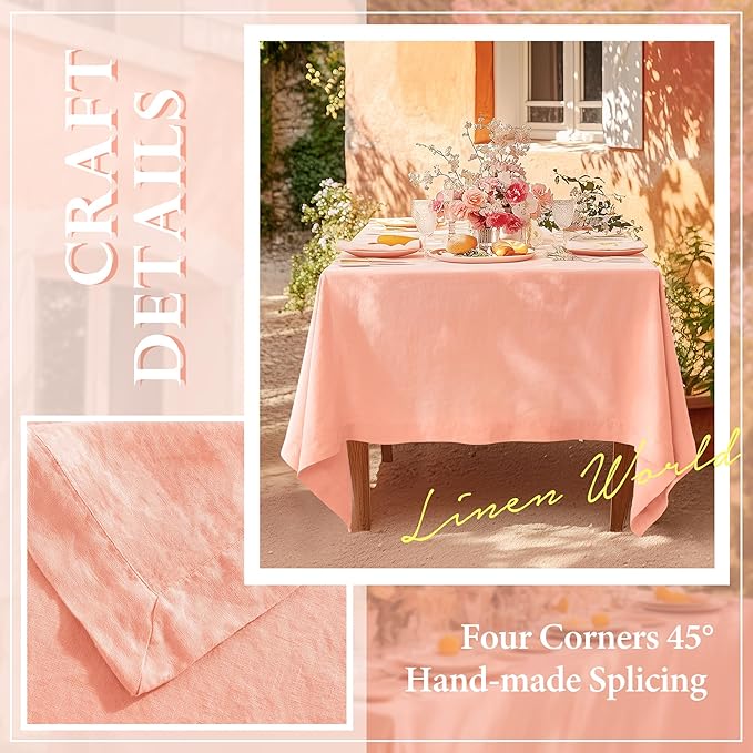 Linen World Linen Tablecloth,100% French Natural Flax Tablecloth 90" x 90" Inch,Washable Square Table Cloth for Dining,Outdoor,Weddings and Restaurants,Decorative Christmas,Peach Pink