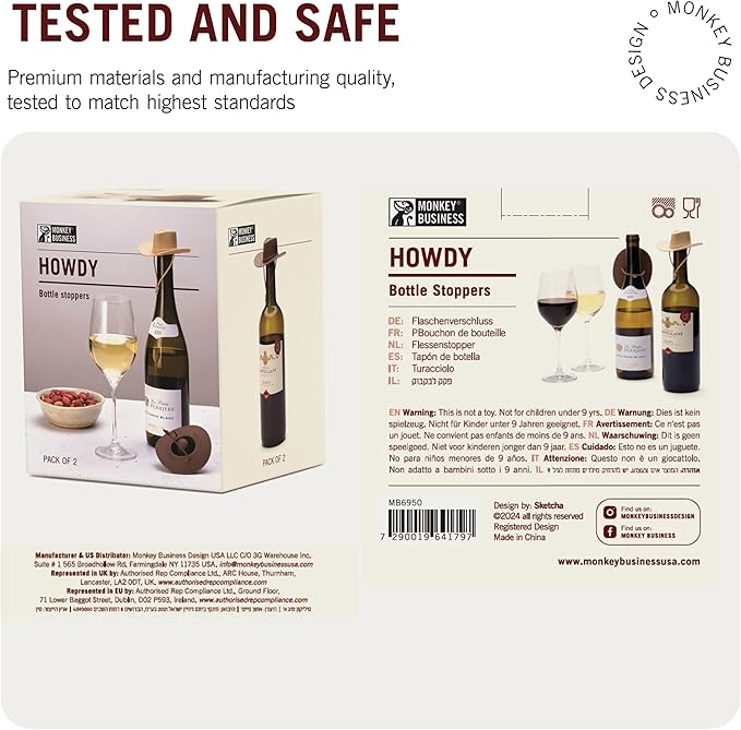 Monkey Business Howdy - 2-Pack Cowboy Hat Wine Stoppers – Fun Silicone Bottle Stoppers Keep Wine Fresh – Novelty Kitchen Gadgets & Cute Wine Accessories
