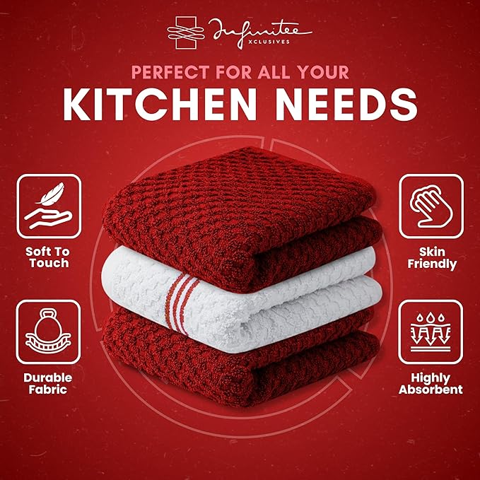 Infinitee Xclusives Premium Kitchen Towels – Pack of 3, 100% Cotton |15 x 25| Inches Absorbent Dish Towels - Terry Kitchen Dishcloth Towels - Red Dish Cloth for Household Cleaning