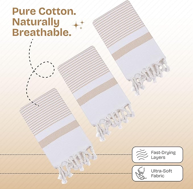 Beige Turkish Kitchen Towels 16x26 Inch, 12 Pack, 100% Cotton, Ultra Absorbent, Soft, Fast Dry, Machine Washable, Dish Towel with Tassels for Drying Dishes, Cleaning, Everyday Use