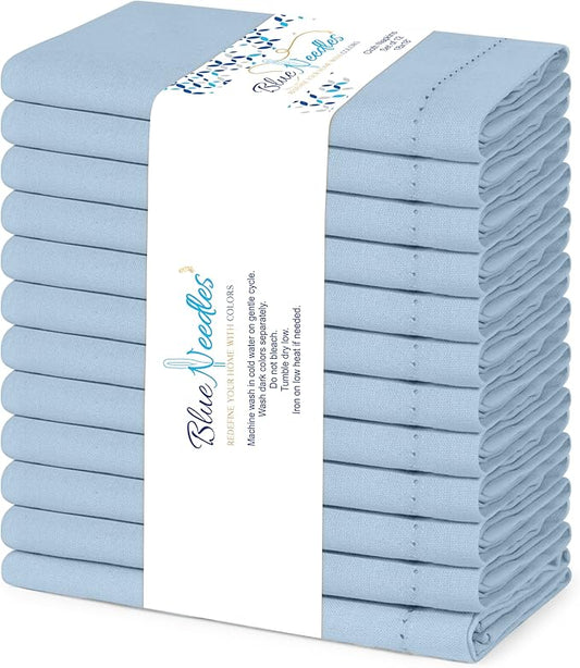 Blue Needles Set of 12 Hemstitch Linen Napkins 100% Cotton Ice Blue Cloth Dinner Napkins 18x18 inches, Soft, Reusable, Absorbent, Washable, Ideal for Fall Thanksgiving Events, Parties & Everyday Use