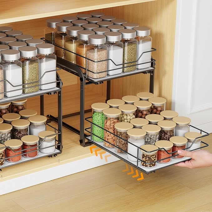 Spice Rack Organizer for Cabinet, 2 Tier Vertical Pull Out Spice Rack – Heavy Duty Metal Spice Organization for Cabinet, 40-Jar Capacity, Height Adjustable Cabinet Organizer (9"W×10.5"D×9"H, Black)
