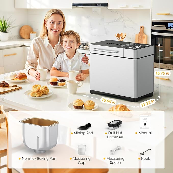 2LB & 1.5LB Bread Maker Machine, 19-in-1 Automatic with 3 Crust Colors, 3-Step Beginner-Friendly Operation, Keep Warm, Programmable Delay Timer for Homemade Bread, Silver