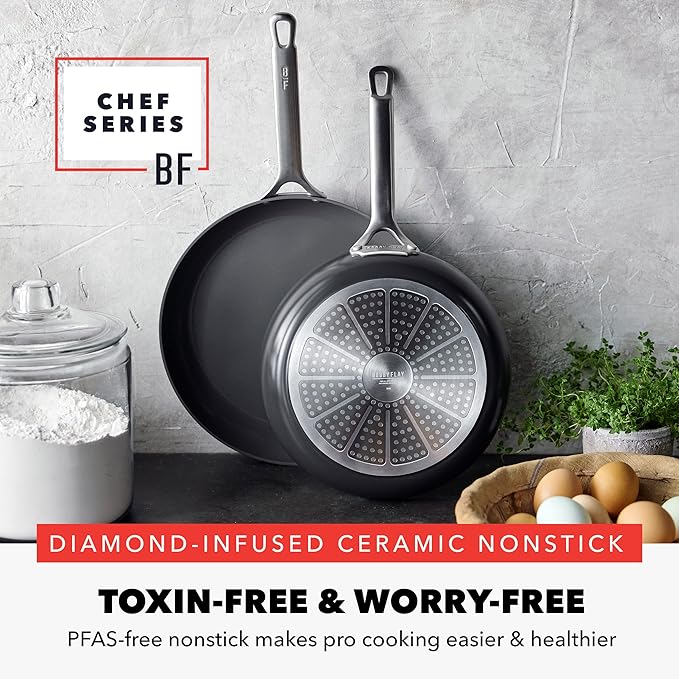 GreenPan x Bobby Flay 10” & 12” Ceramic Nonstick Frying Pan Set, PFAS-Free, Hard Anodized Cookware, Induction Compatible, Stainless Steel Handles, Oven & Broiler Safe to 600˚F, Dishwasher Safe, Black
