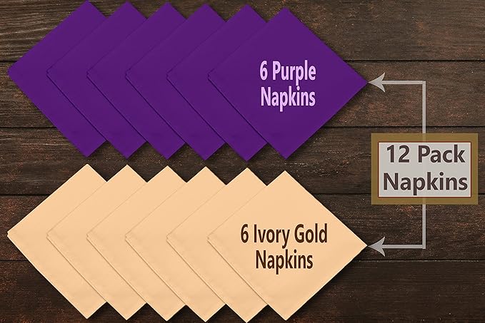 Ruvanti Cloth Napkins Set of 12, 18x18 Napkins Cloth Washable, Soft, Durable, Absorbent, Cotton Blend. Table Dinner Napkins Cloth for Hotel, Lunch, Restaurant, Wedding Parties - Purple & Ivory Gold