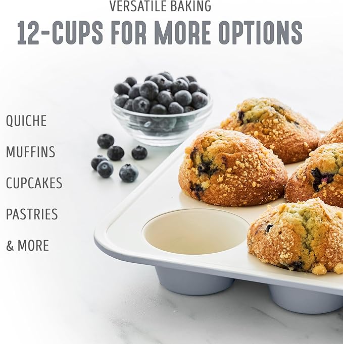 GreenLife 12-Cup Muffin Pan, Healthy Ceramic Nonstick Bakeware, PFOA & PFAS-Free Cupcake Sheet, Durable Baking Tray, Versatile Kitchen Essentials, Easy Clean Muffin Mold, Nonstick Baking Pan, Gray