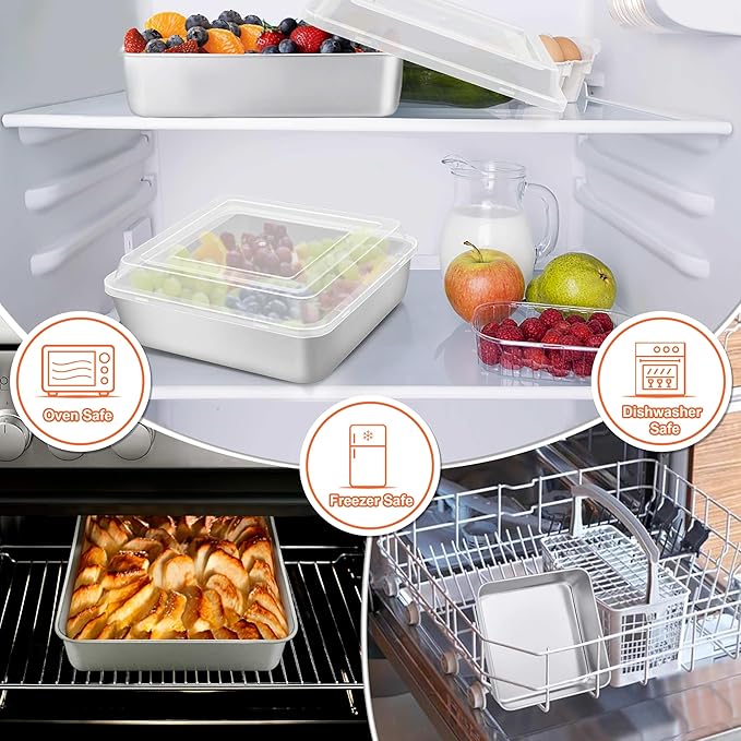 Herogo Baking Pan with Lid, 9''x 9'' Stainless Steel Nonstick Square Deep Cake Pan, Rectangle Cakes Bakeware for Brownies Casseroles, Non Toxic & Dishwasher Safe, Set of 2