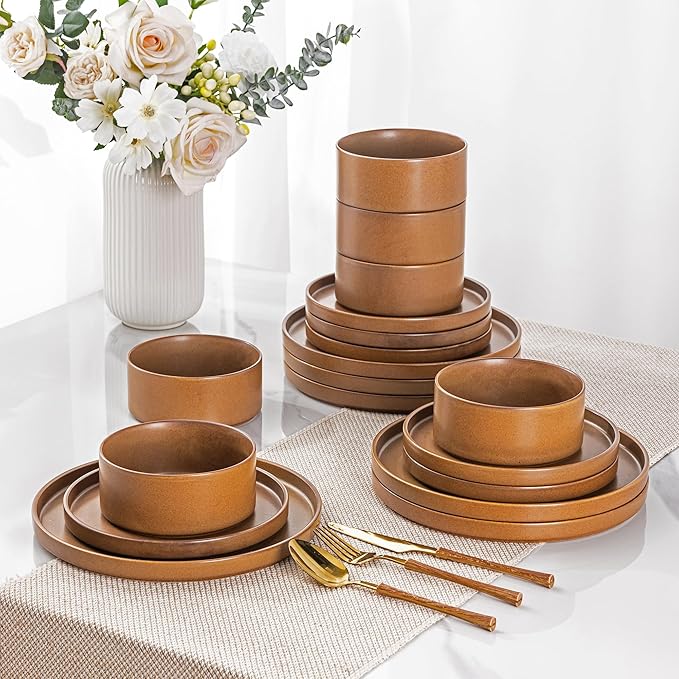 LERATIO Ceramic Dinnerware Sets for 6, High Edge Stoneware Plates and Bowls Set, Chip and Crack Resistant | Oven & Dishwasher & Microwave Safe Dishes Set, Service for 6