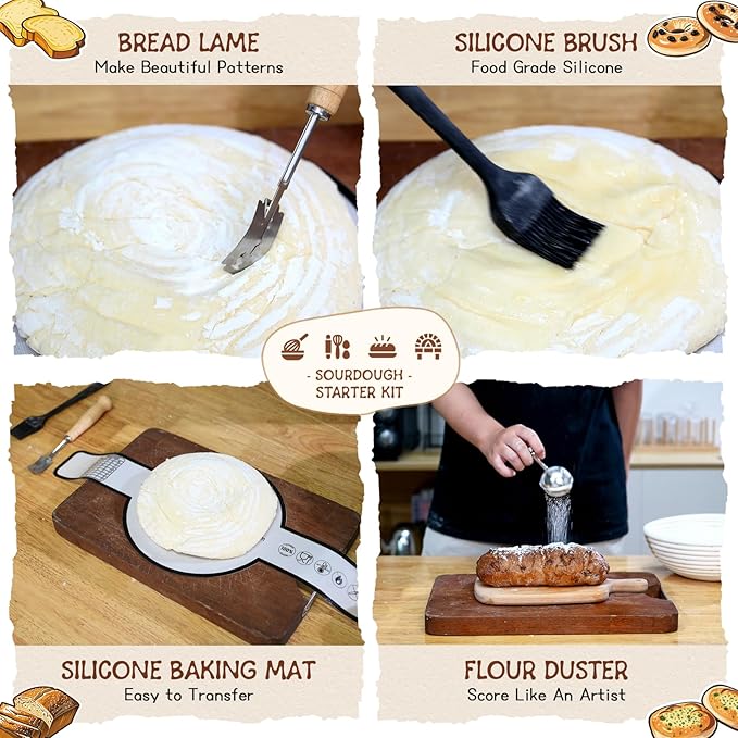 Sourdough Bread Baking Supplies and Starter Kit (2 rattan Banneton Bread Proofing Baskets and a jar)