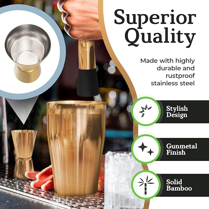 Highball & Chaser Cocktail Shaker Set: Bartender Kit for Home Bar Mixology Cocktail Bar Set Plus E-Book with 30 Recipes (Antique Gold)