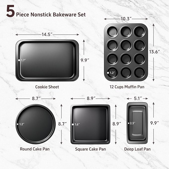 Baking Pans Set, 5-Piece Nonstick Bakeware Sets with Round/Square Cake Pan, Muffin Loaf Roast Pan, Baking Sheets for Oven, Kitchen Cookware Sets Baking Tray Baking Supplies, Black