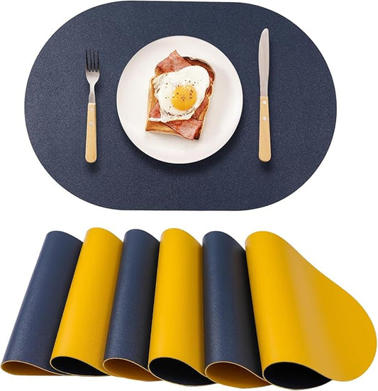 Reversible Placemats Set of 6 Waterproof Oval Faux Leather Placemat Navy Blue and Yellow PU Table Mats Heat Resistant Anti Slip Washable Place Mat for Indoor and Outdoor Dining Table