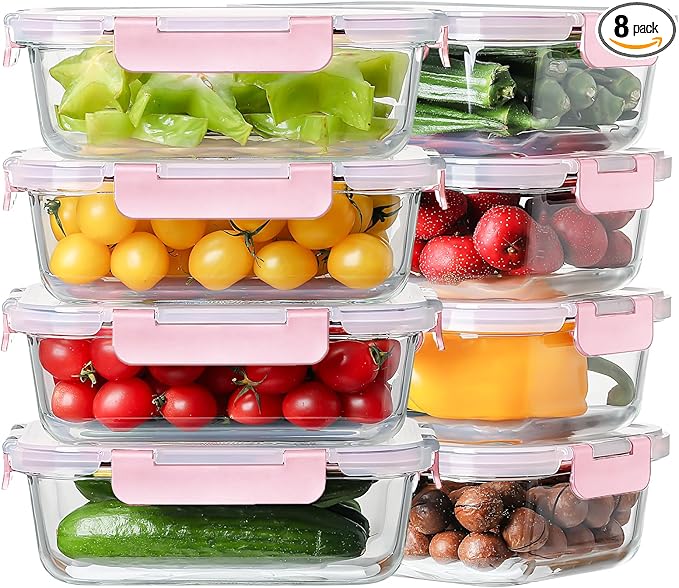 8 Pack 36oz Large Glass Meal Prep Containers with lids, Glass Food Storage Containers with Leak Proof Snap Lock Lids , Airtight Bento lunch Boxes, Kitchen Storage, Oven and Dishwasher Safe-Pink