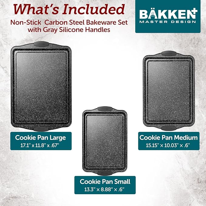 BAKKEN Cookie Sheets for Baking Nonstick Set - 3-Piece Stackable Carbon Steel Baking Sheet Pans Set with Silicone Handles, Non Toxic Cookie Sheets for Baking Bakeware Set - Gray Marble