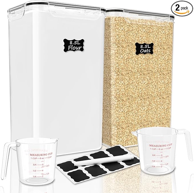 2 PC Flour Sugar Storage Containers (8.5L | 287 Oz) Extra Large Food Storage Containers with Lids - Airtight Leakproof BPA FREE Flour Container for Rice, Cereal, Sugar