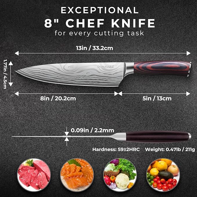 Chef Knife, 8 Inch Kitchen Knife, Ultra Sharp High Carbon Stainless Steel for Professional and Home Chefs with Ergonomic Handle, Roll Forged Utility Knife with Sheath and Gift Box