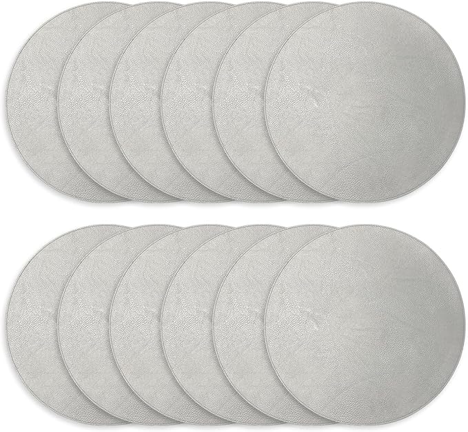 Morgan Faux Leather Round Set of 12 Placemats, 15", Silver, Heat Resistant, Stain Resistant, Non-Slip, Reversible, Durable Table Mats for Kitchen, Dining Table, Indoor Washable Use