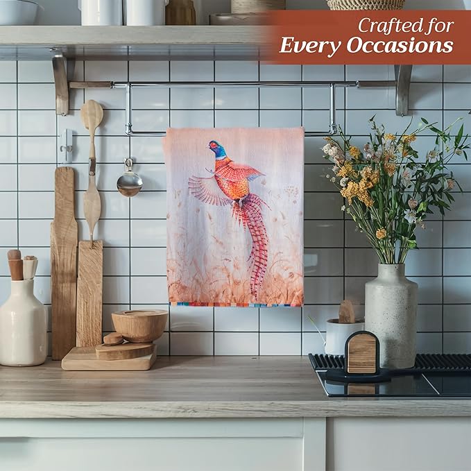 Maison d' Hermine Kitchen Towels Set of 3 100% Cotton 20" x 27.5" Reusable Cloth Tea Dish Towels Absorbent with Hanging Loop for Kitchen Dining Thanksgiving Christmas Decorations (Faisan D'Automne)